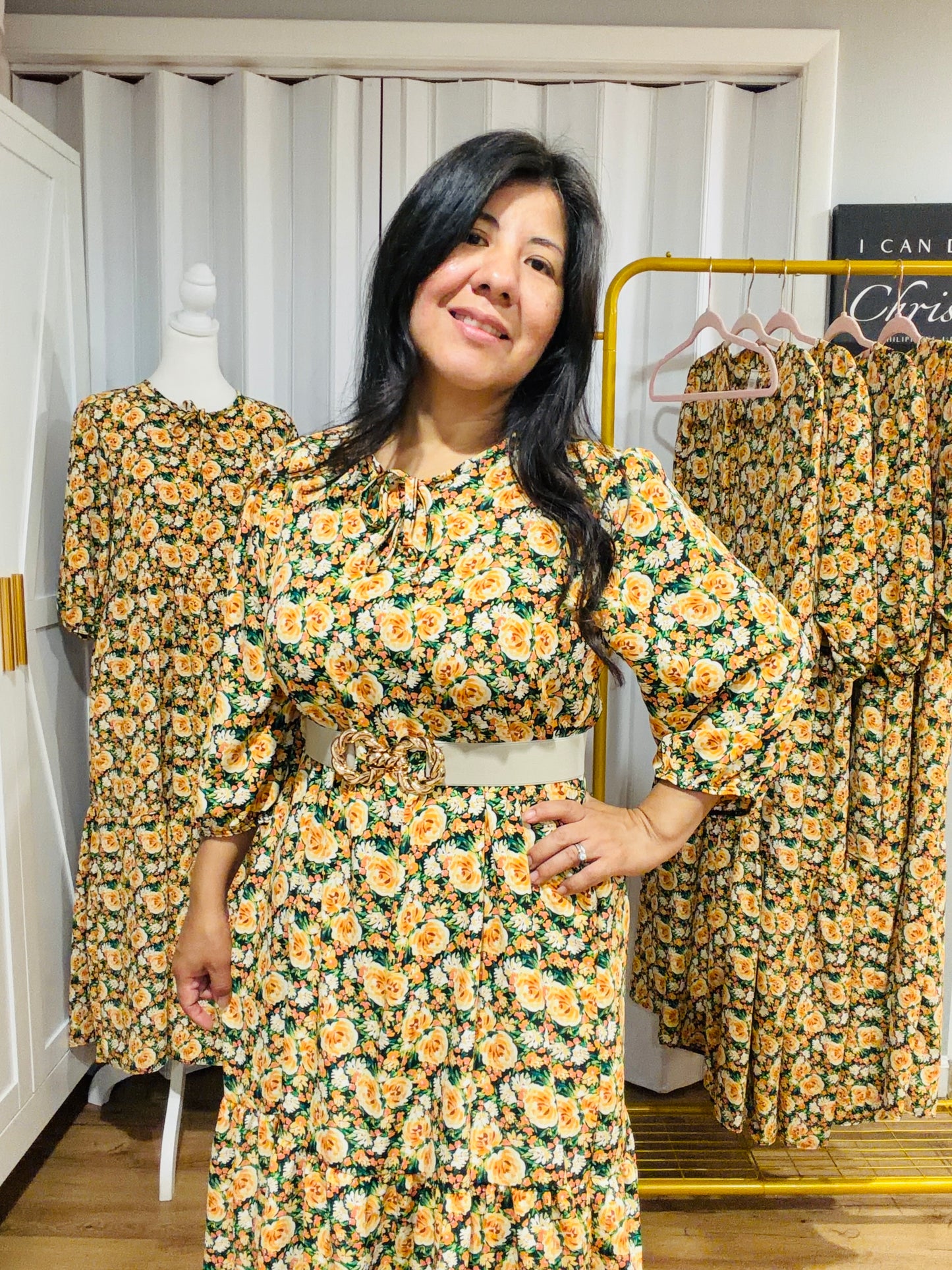 3/4 Sleeve Floral Midi Dress