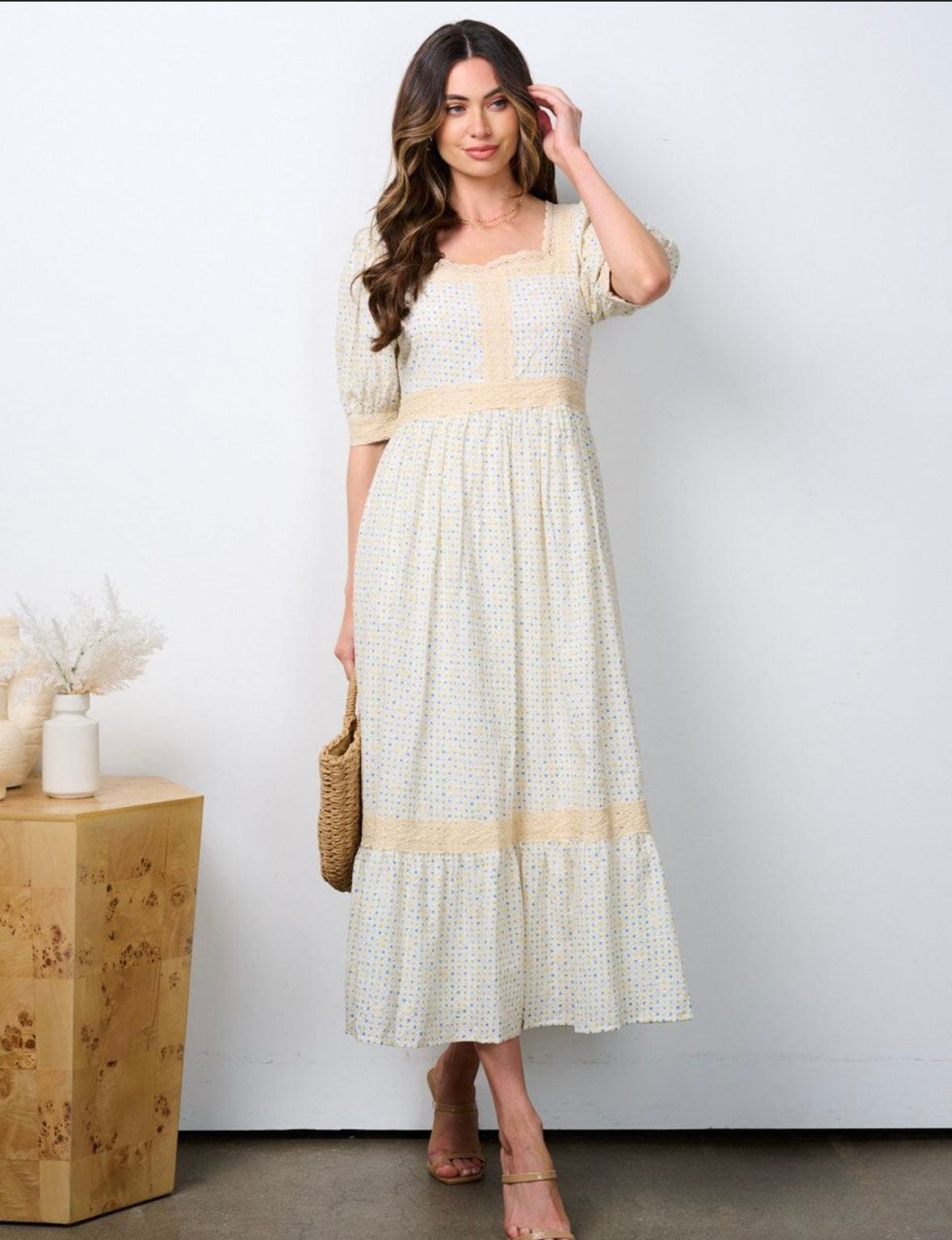 Embroidered Puff Sleeve Midi Dress