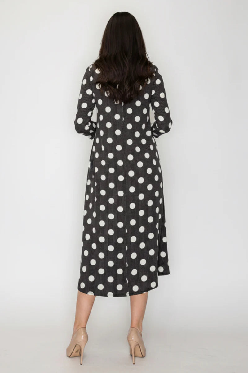 3/4 Sleeve Polka Dot Ribbed Midi Dress