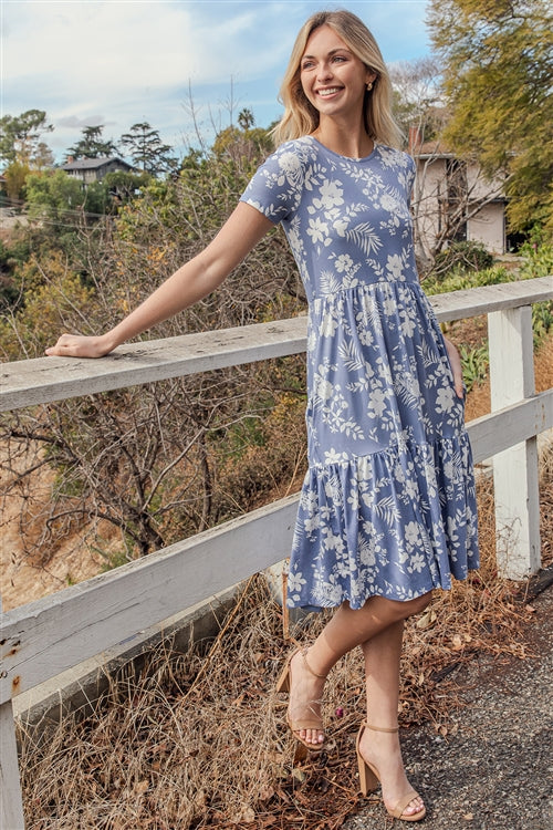 Periwinkle Floral Print Knee Lenght Dress