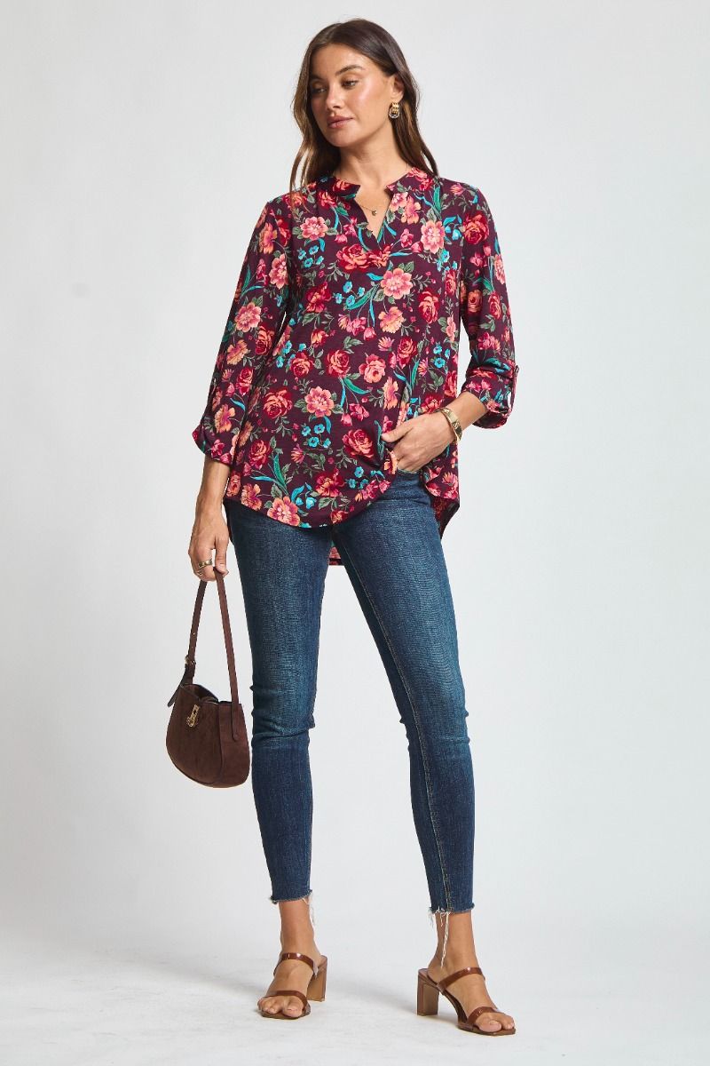 Wine Floral 3/4 Sleeve Blouse
