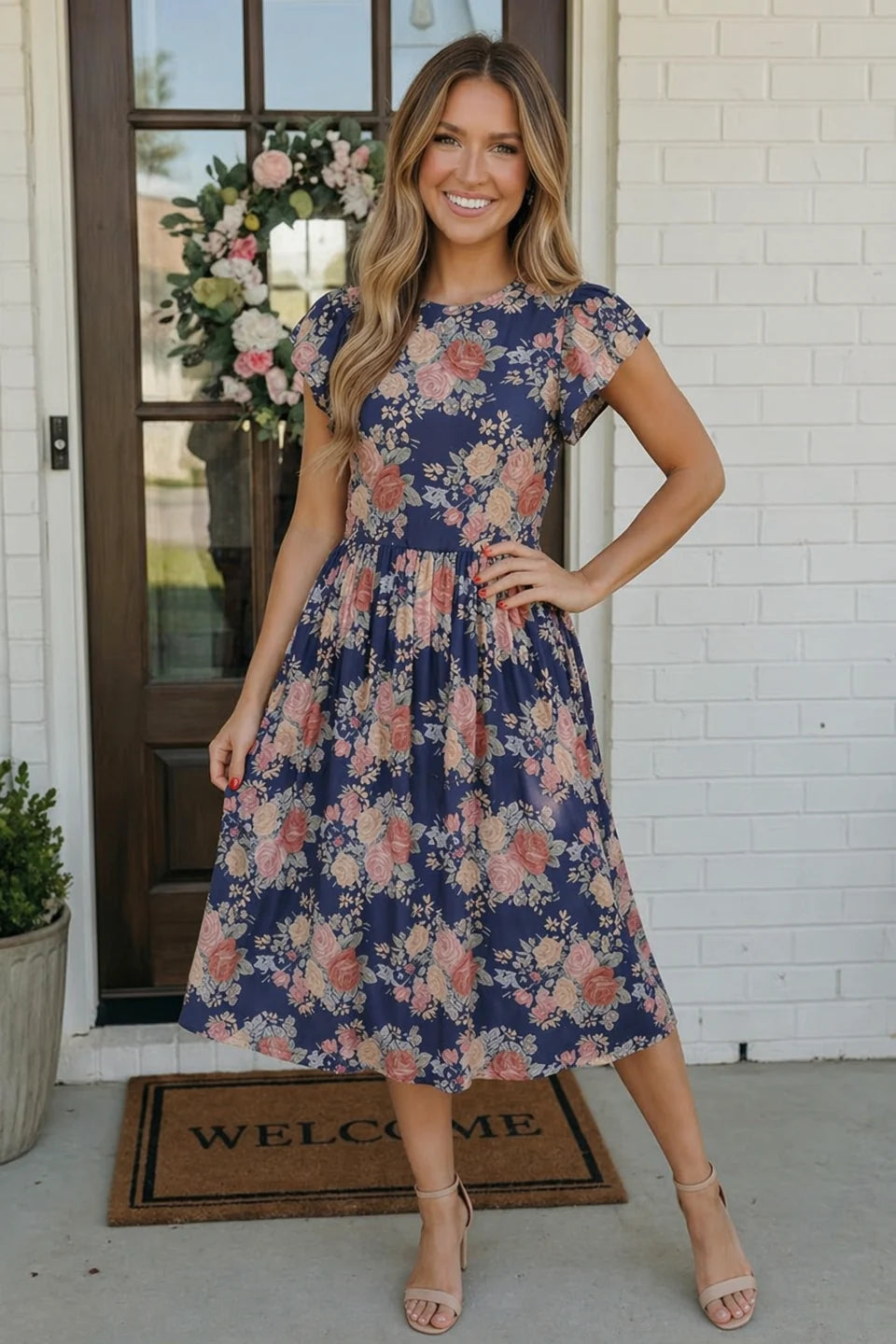 Navy Floral Midi Dress