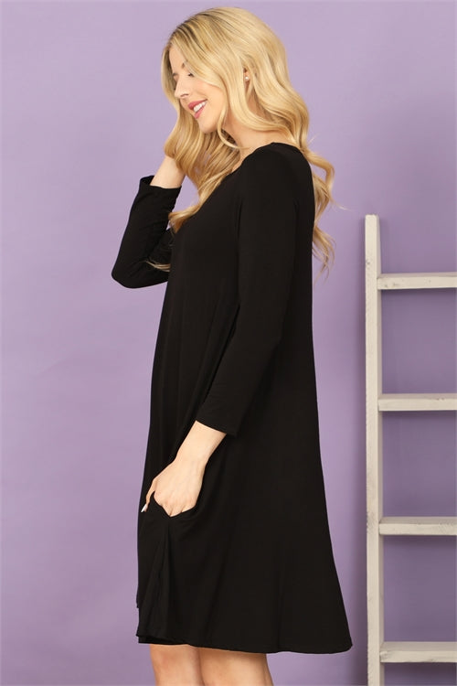 3/4 Sleeve Flowy Black Dress