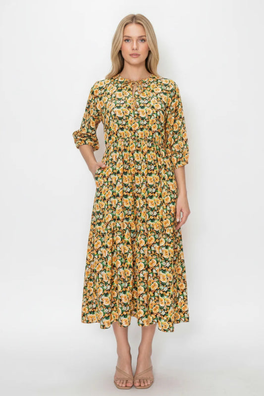 3/4 Sleeve Floral Midi Dress