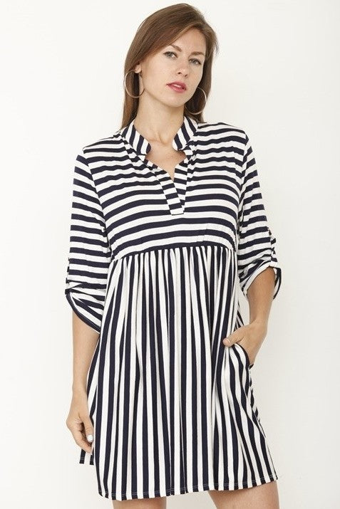 Tab sleeve stripe tunic /mini dress