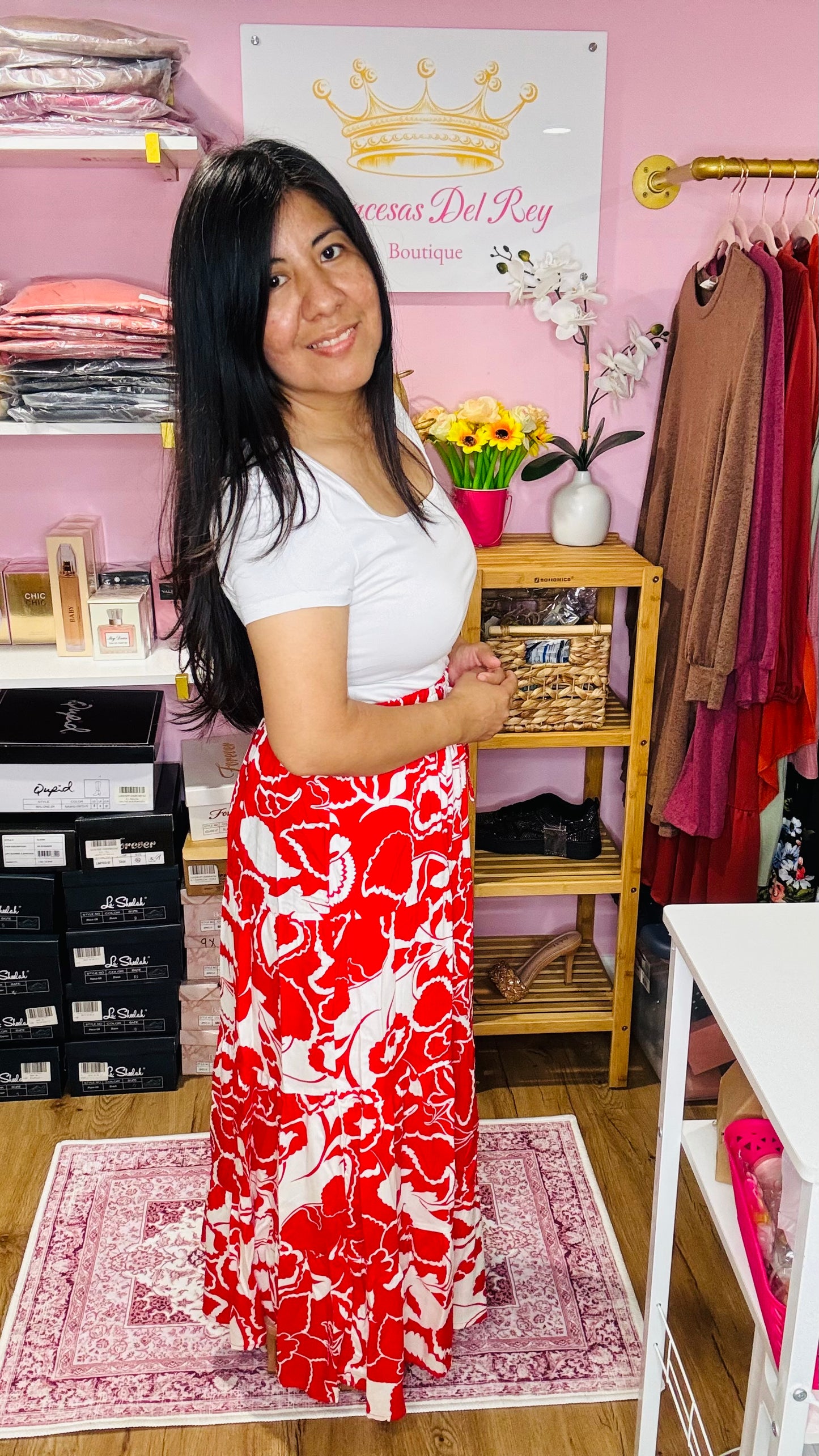 Red Printed Maxi Skirt