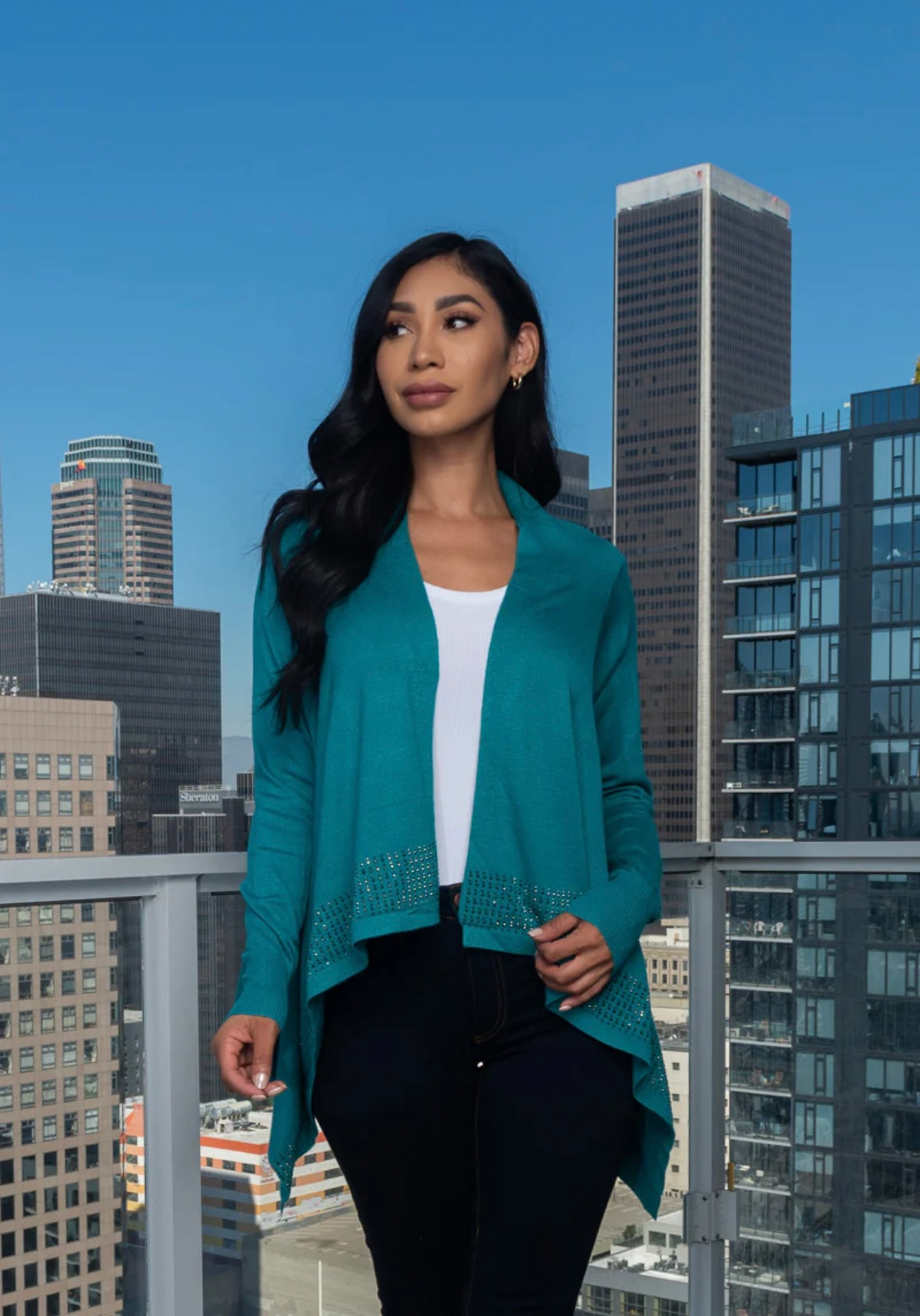 Assymmetrical  Long Sleeve knit cardigan with Rhinestones