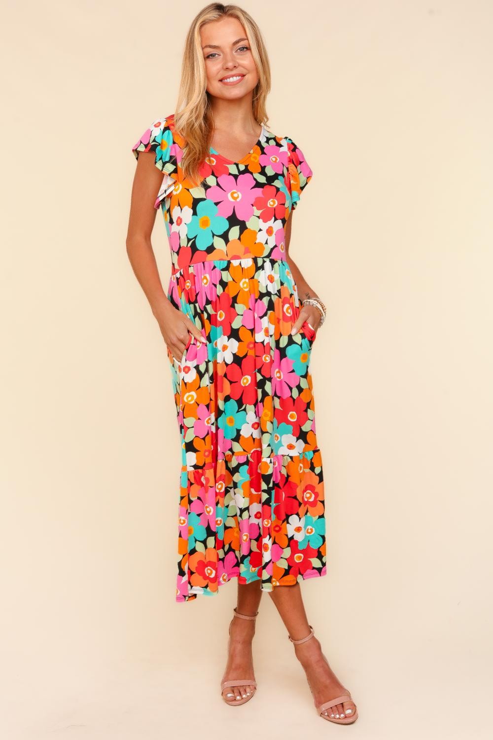 Floral Midi Dress With Pockets