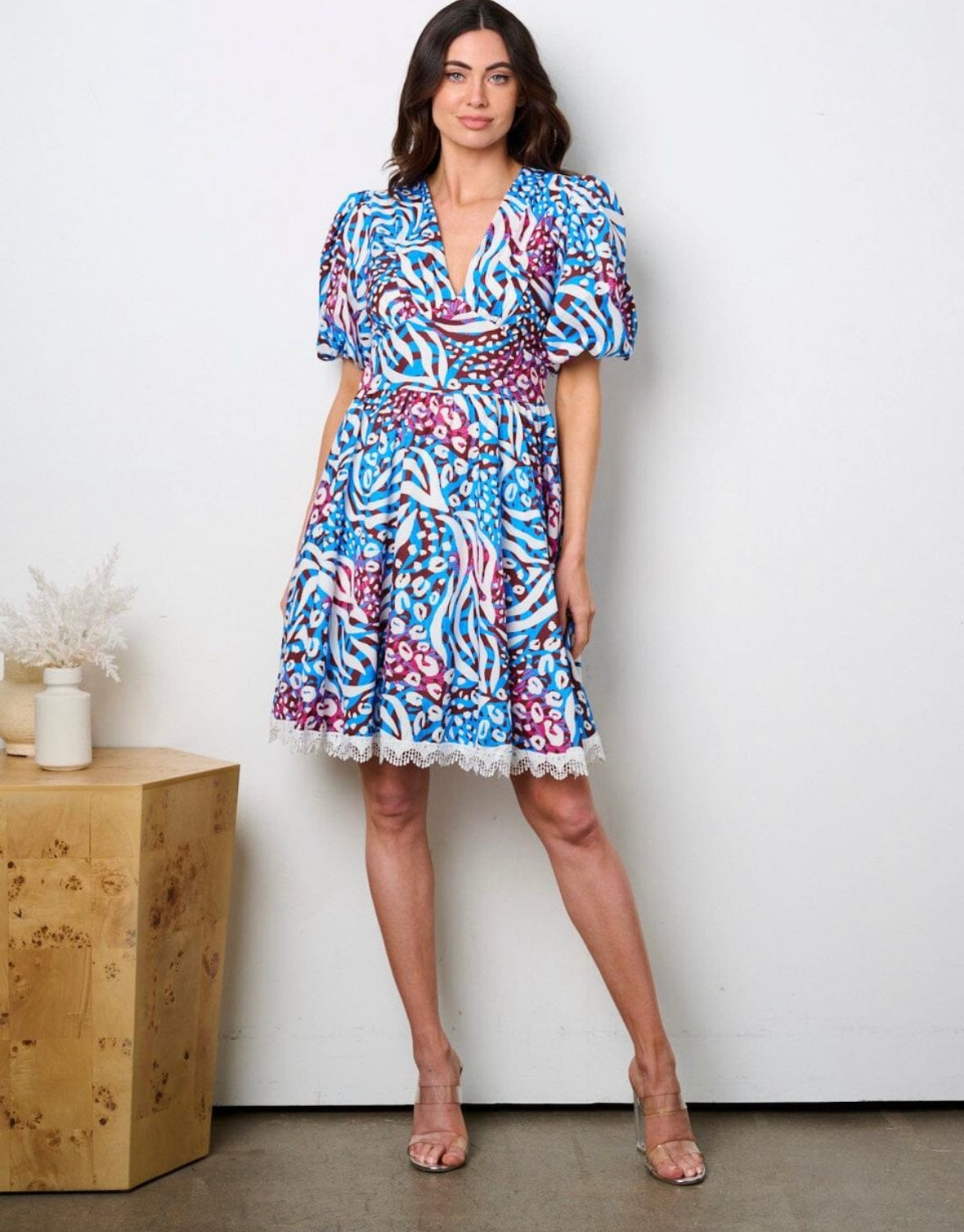 Puff Sleeve V-Neck Printed Dress