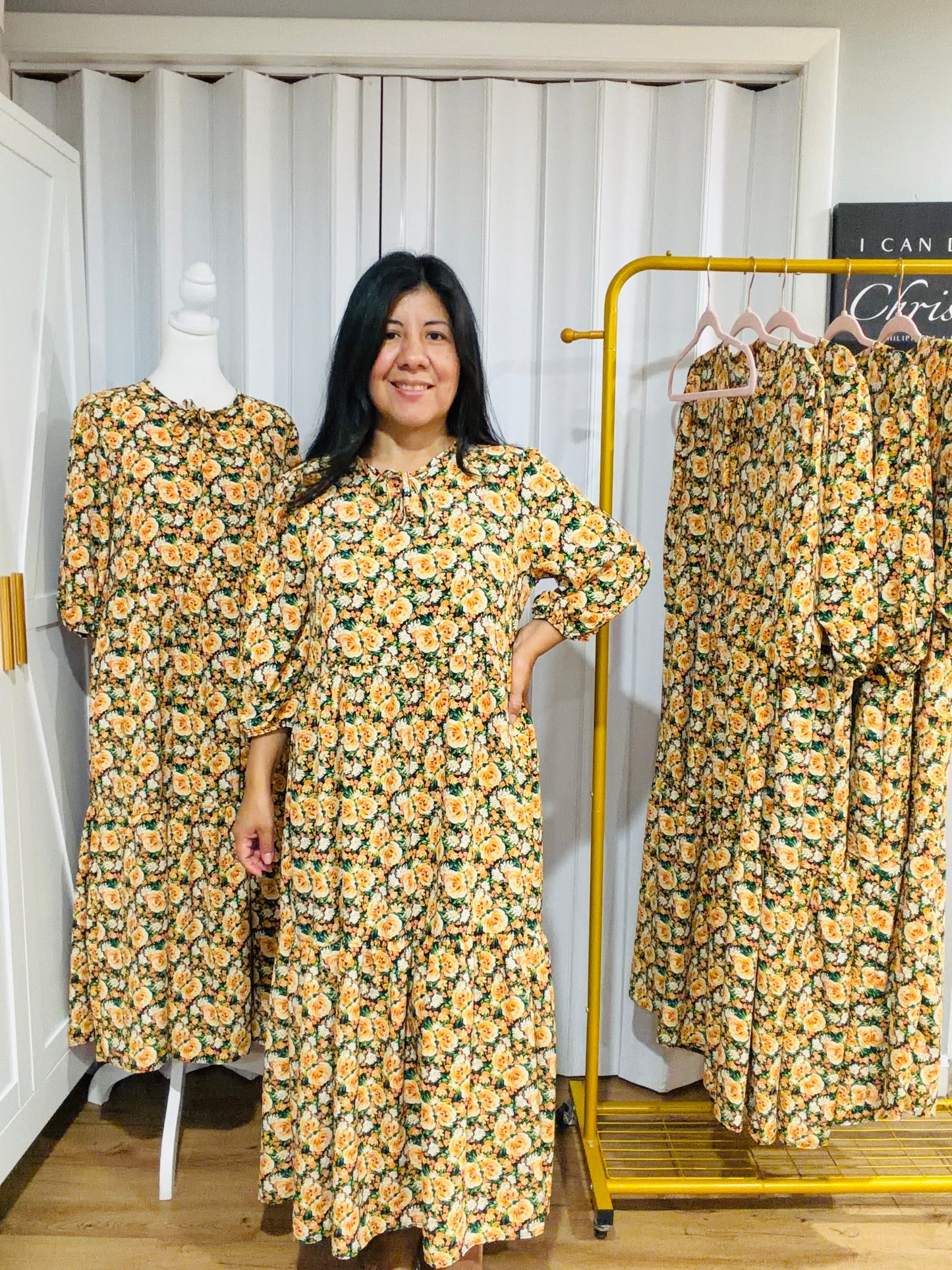 3/4 Sleeve Floral Midi Dress