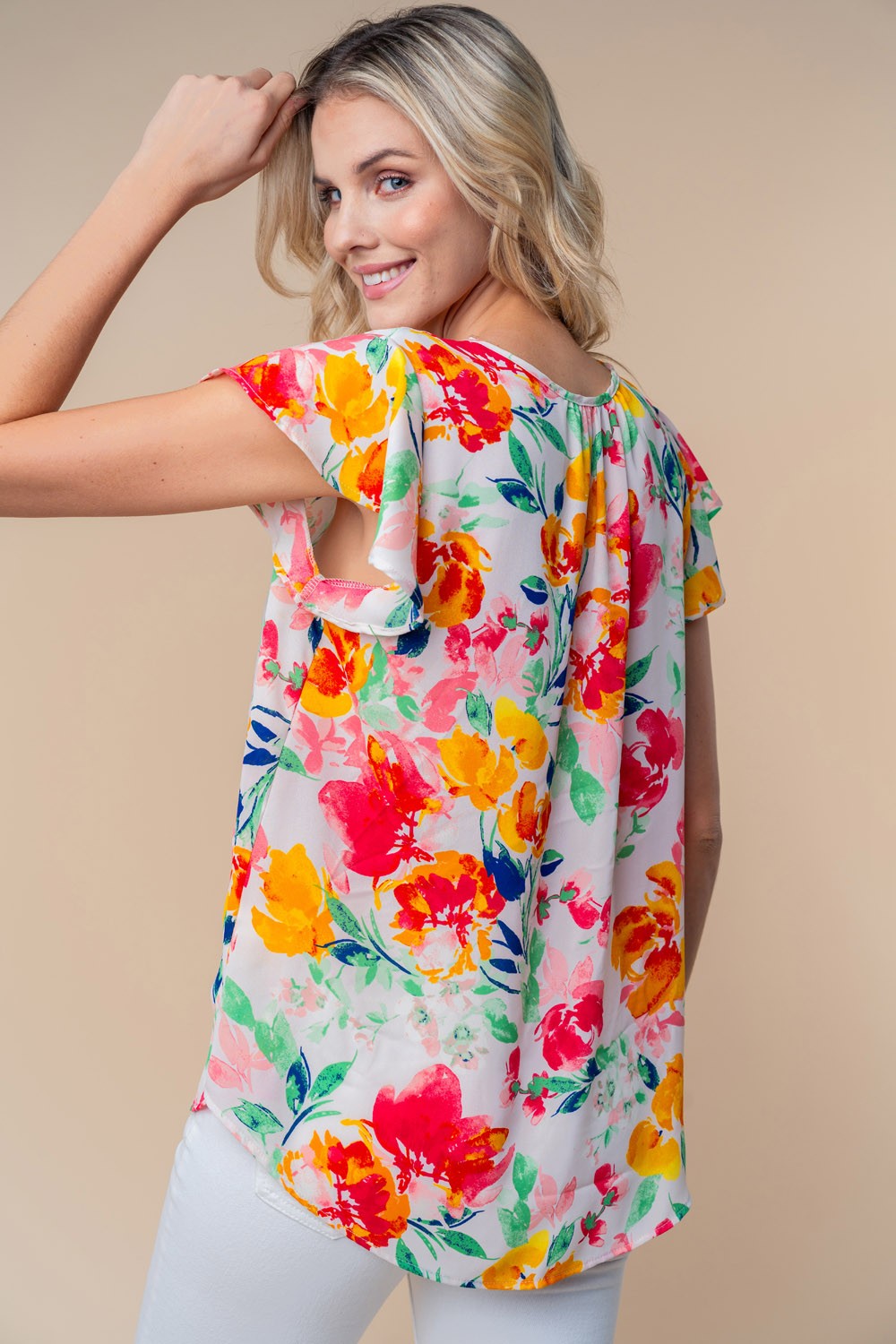 Full Size Short Sleeve Floral Woven Top