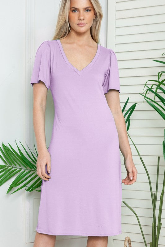 Solid Short Sleeve V Neck Dress