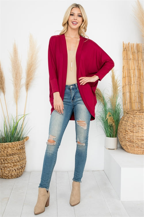 Wine Dolman Sleeve Cardigan With Pockets