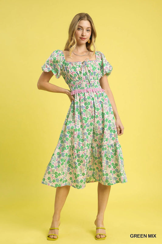 Umgee Puff Sleeve Smocked Waist Midi Dress