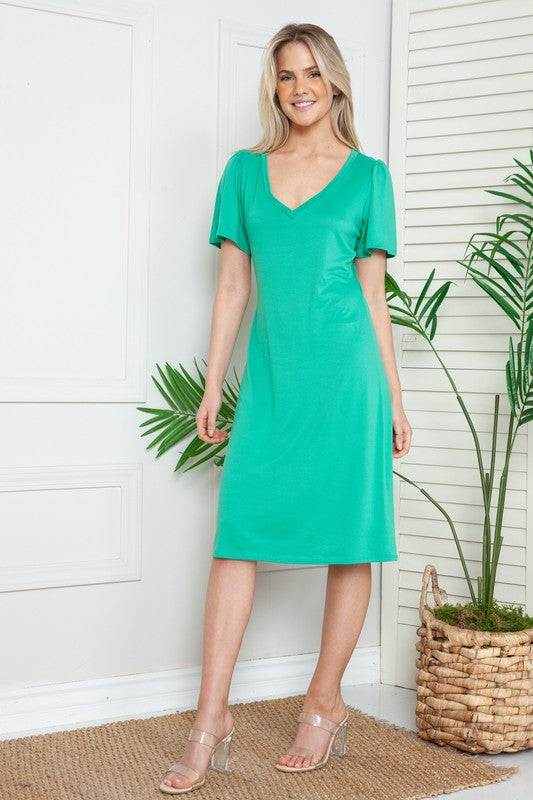 Solid Short Sleeve V Neck Dress