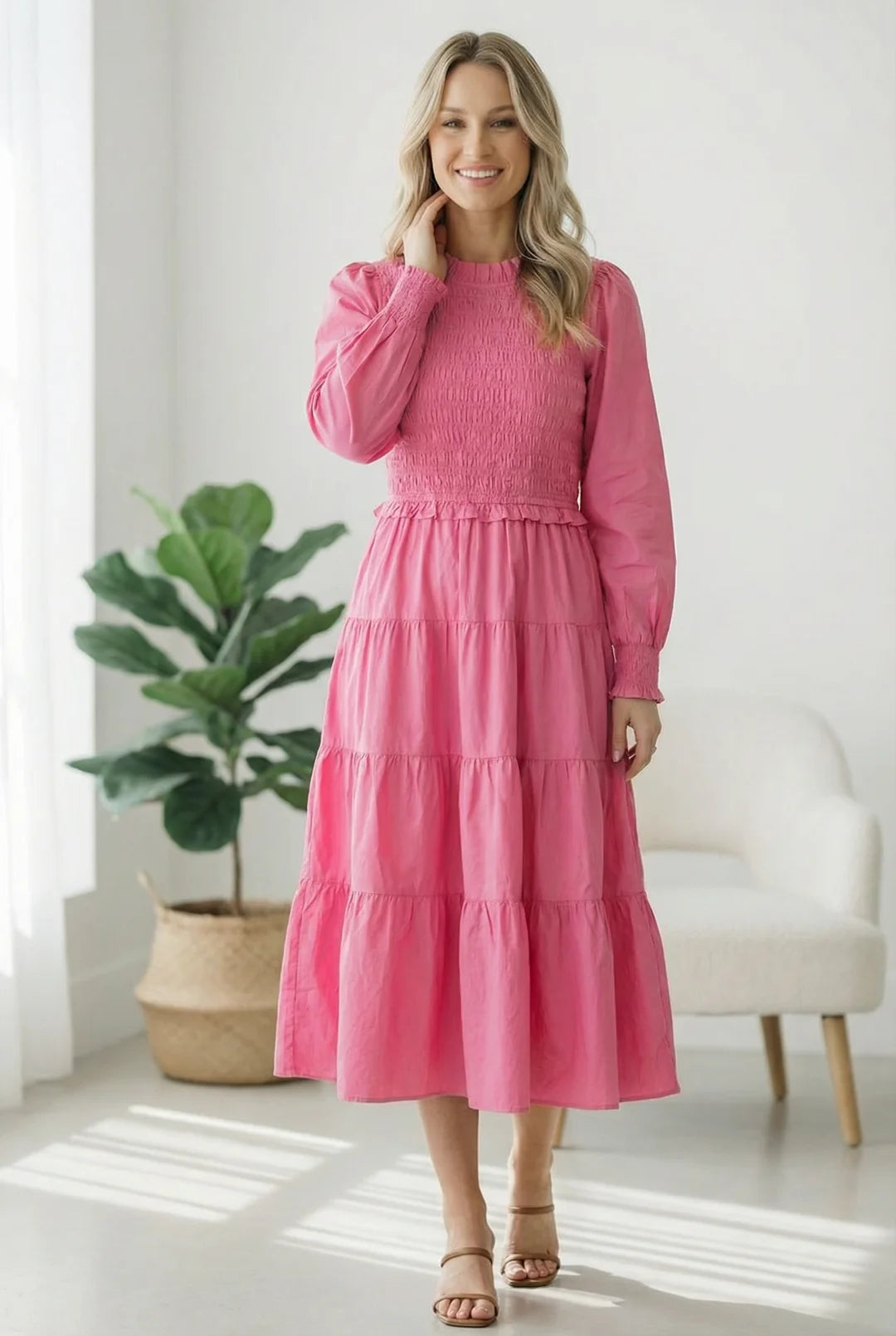 Pink Tiered Modest Dress