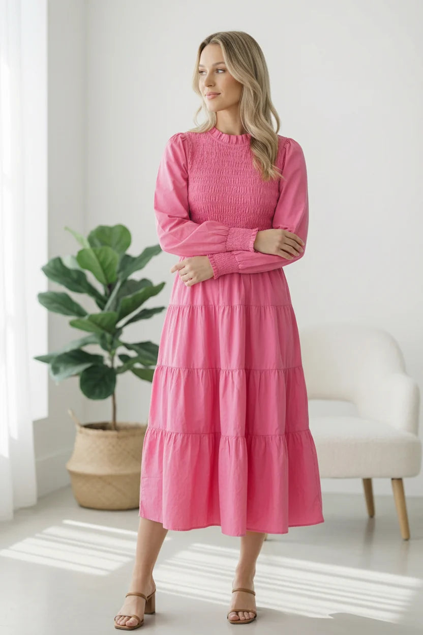 Pink Tiered Modest Dress