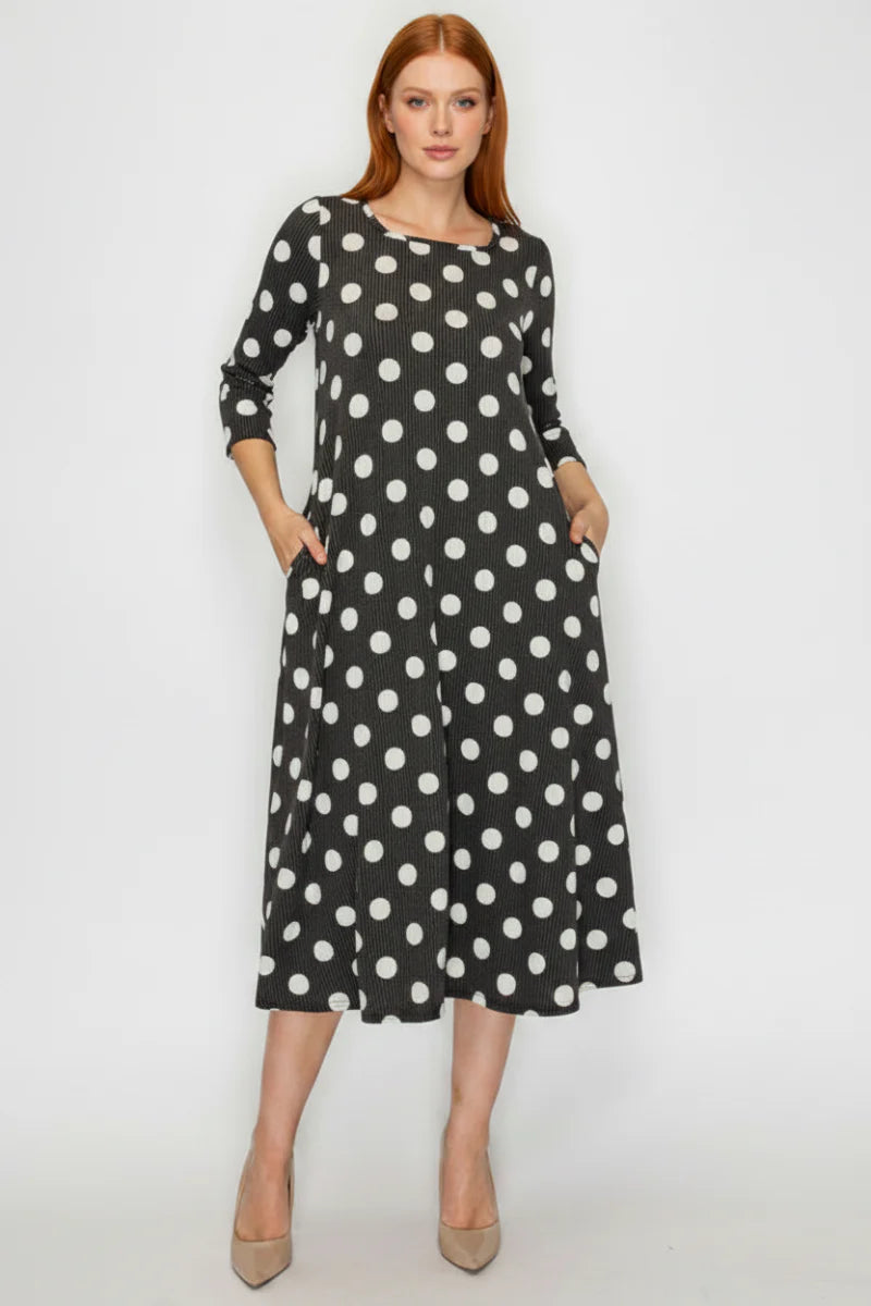 3/4 Sleeve Polka Dot Ribbed Midi Dress