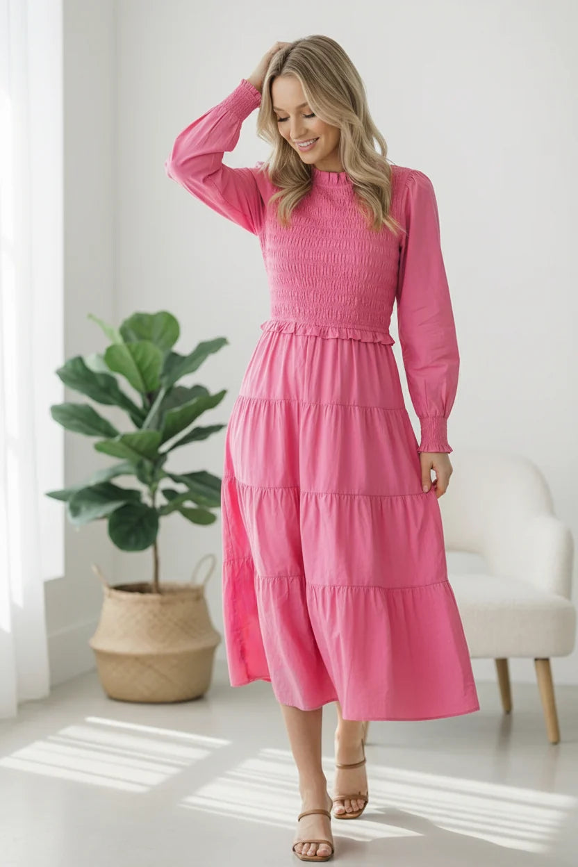 Pink Tiered Modest Dress