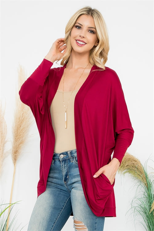 Wine Dolman Sleeve Cardigan With Pockets