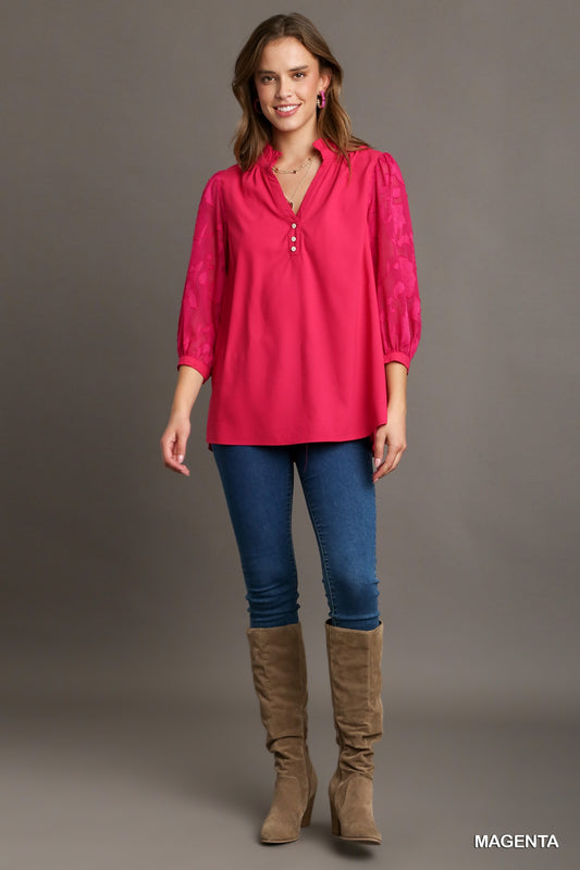 Umgee USA 3/4 Sheer Sleeve Blouse