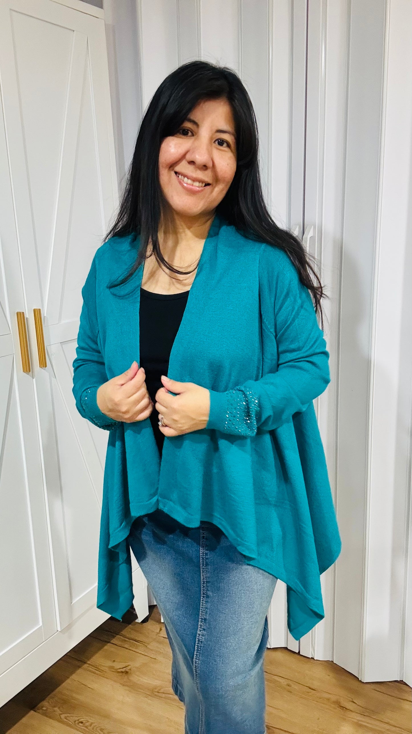 Assymmetrical  Long Sleeve knit cardigan with Rhinestones