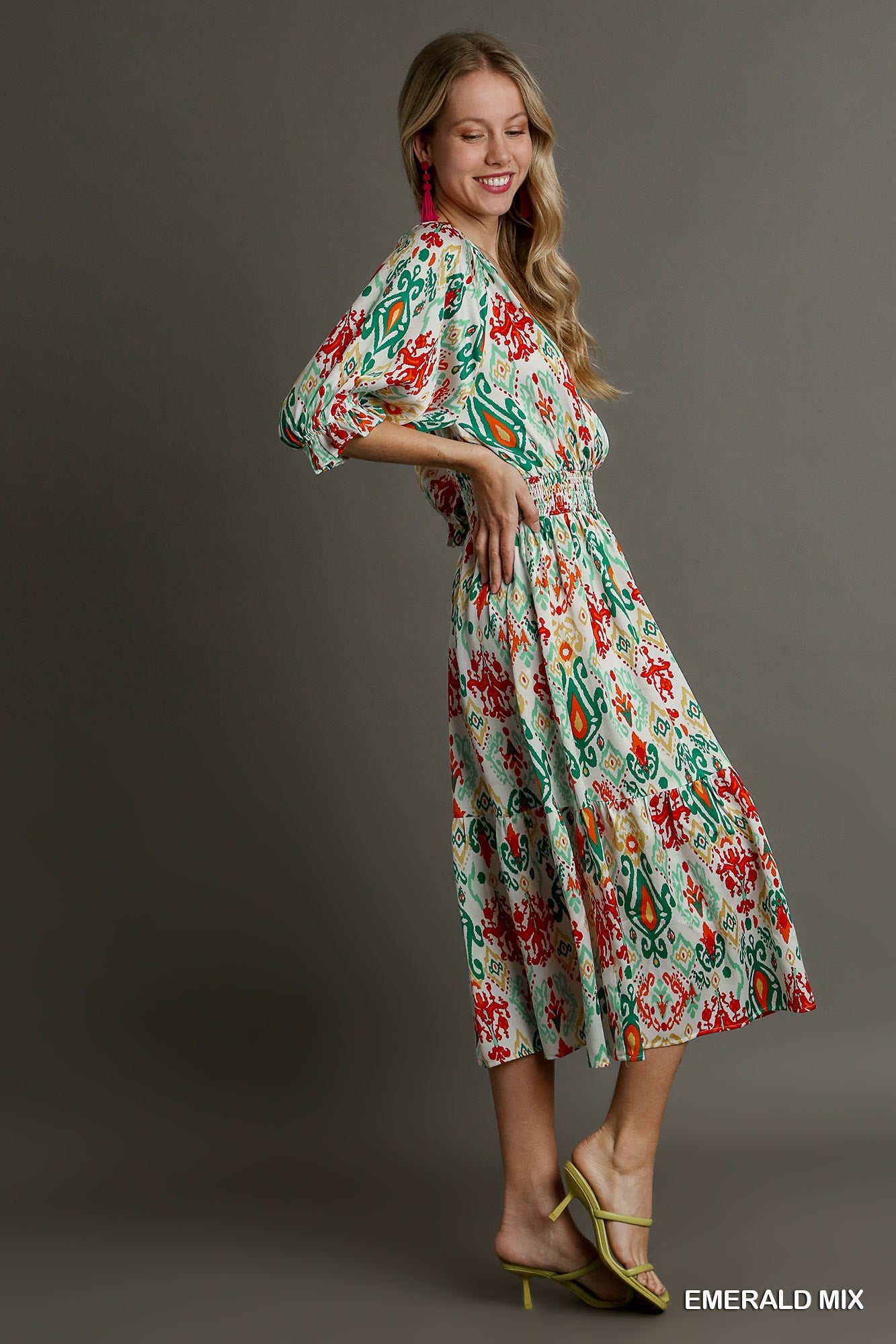 Printed 3/4 Sleeve Midi Dress