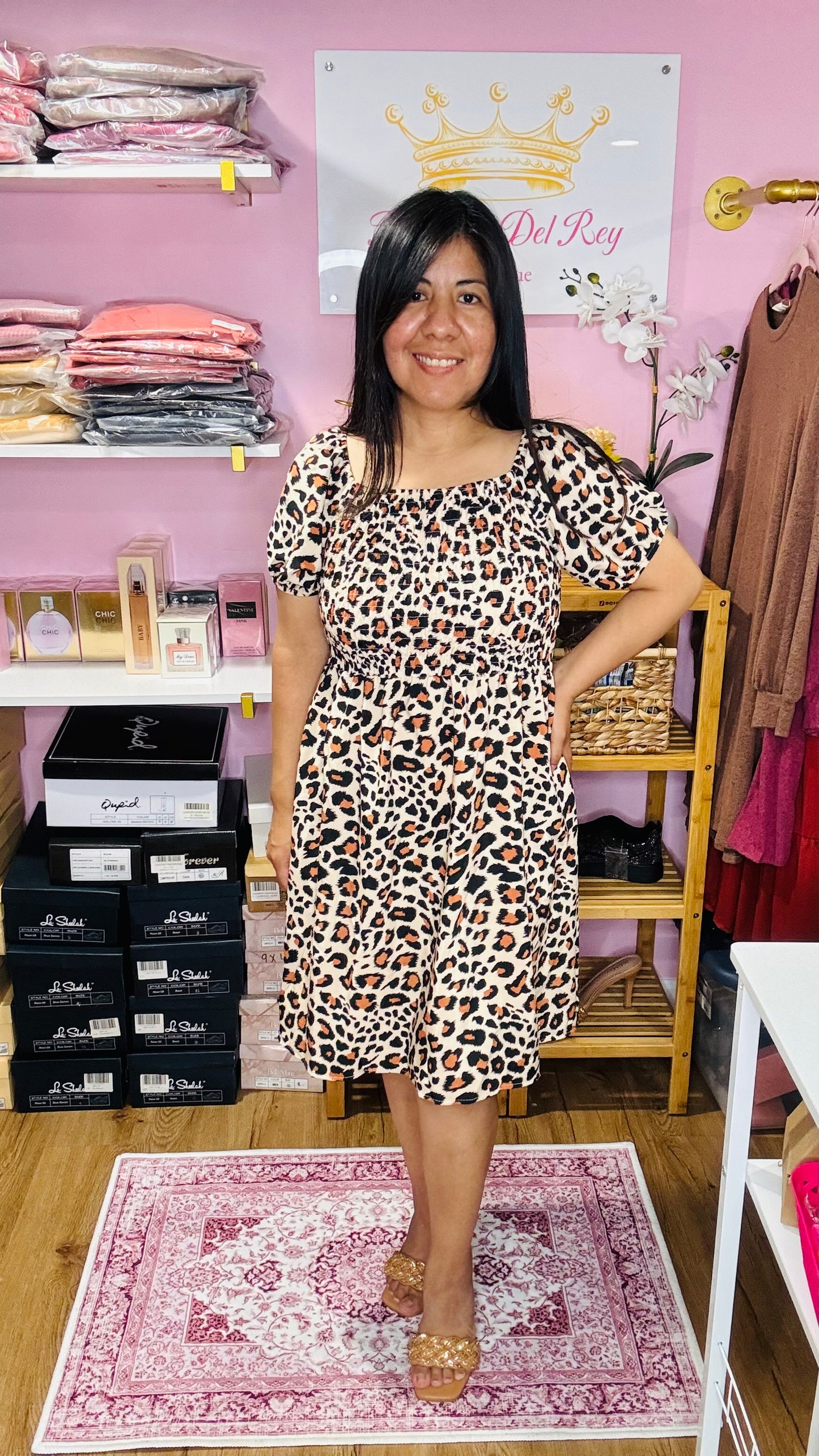 Creme Leopard Print Smocked Dress