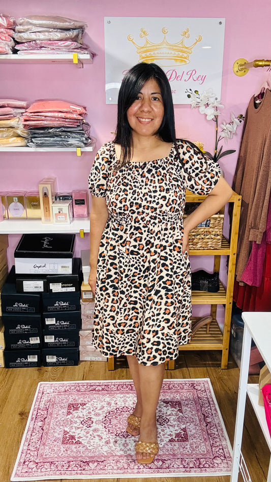 Creme Leopard Print Smocked Dress