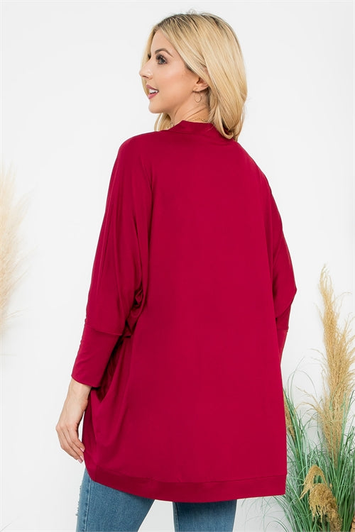 Wine Dolman Sleeve Cardigan With Pockets