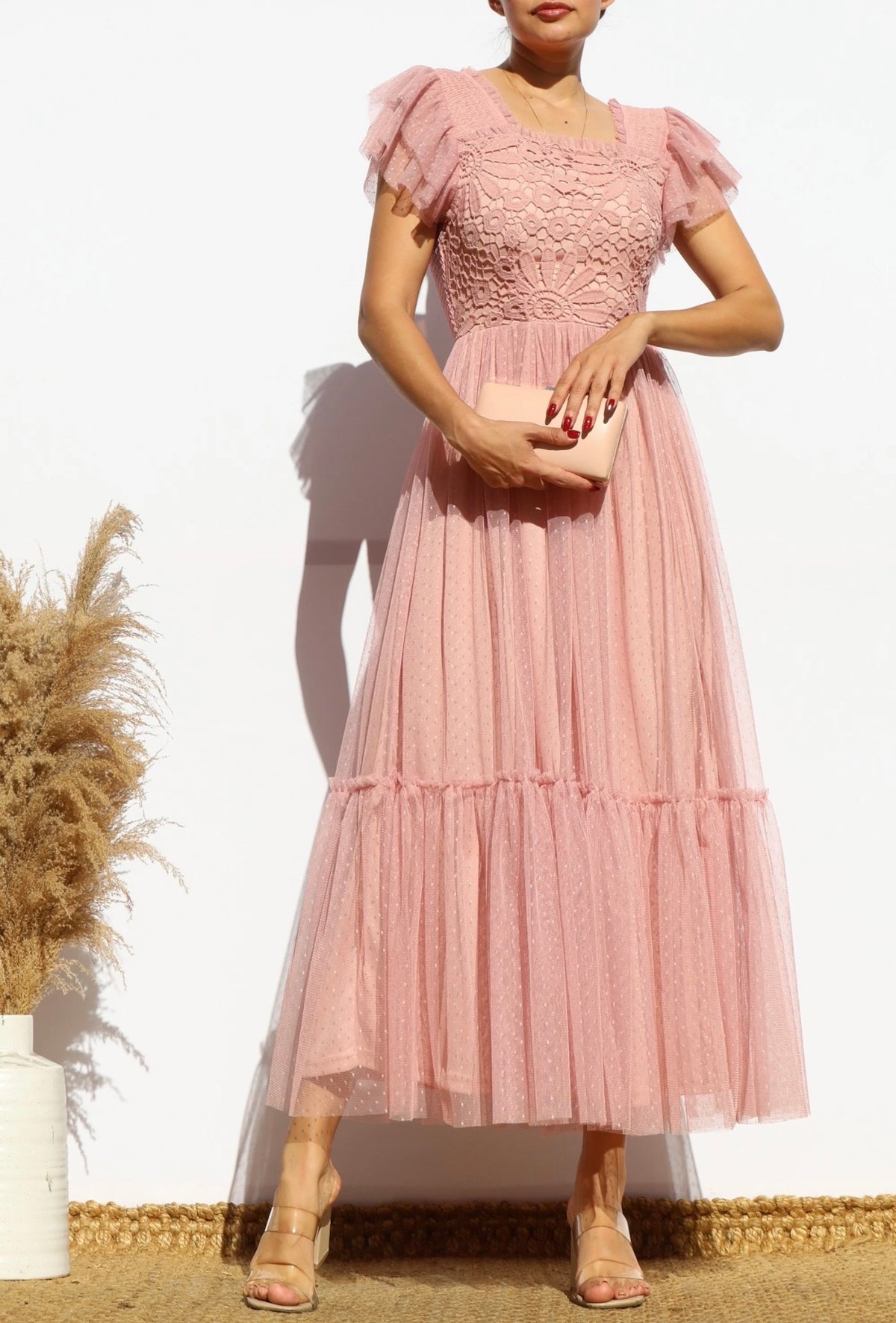 Pink Blush Lace Mesh Midi Dress