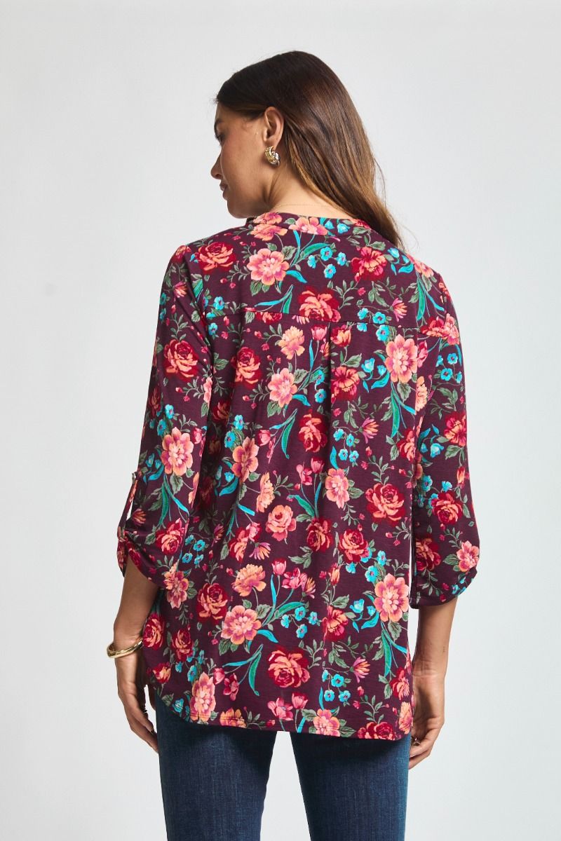 Wine Floral 3/4 Sleeve Blouse