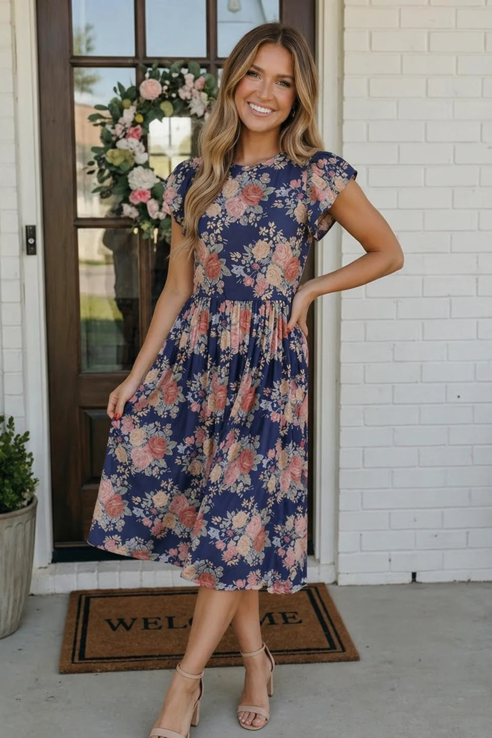 Navy Floral Midi Dress