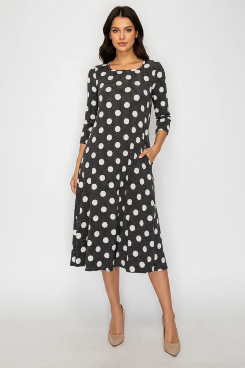3/4 Sleeve Polka Dot Ribbed Midi Dress