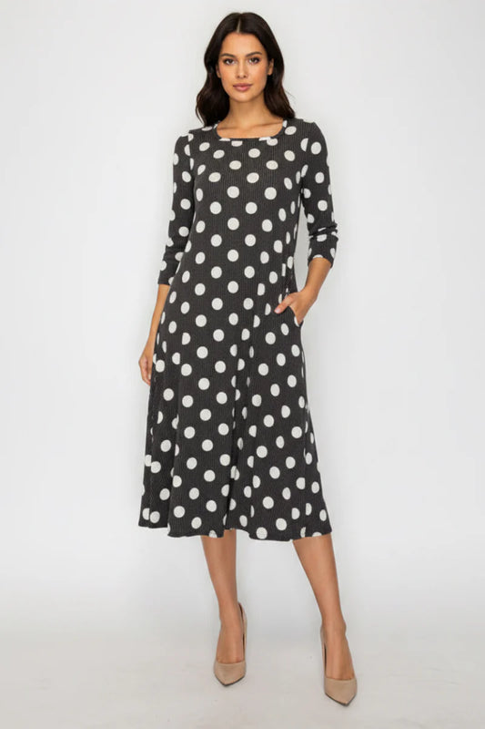 3/4 Sleeve Polka Dot Ribbed Midi Dress