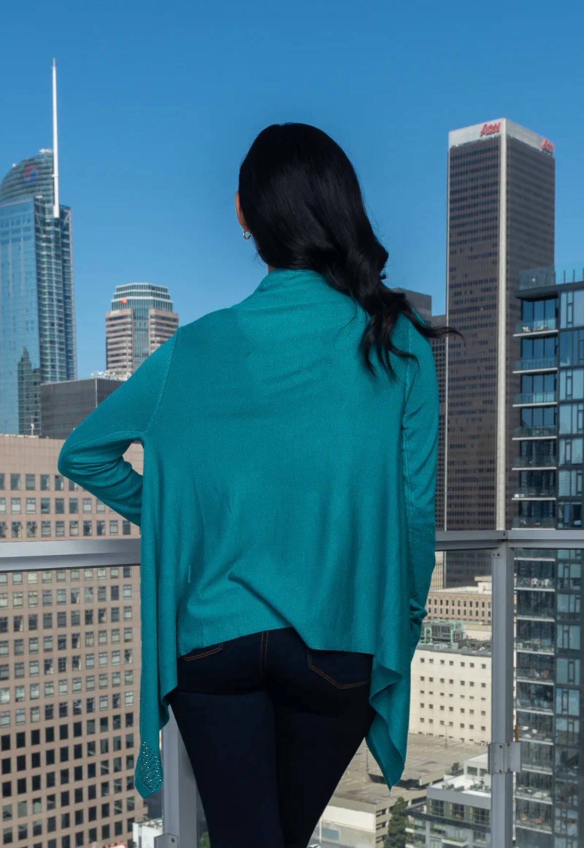 Assymmetrical  Long Sleeve knit cardigan with Rhinestones