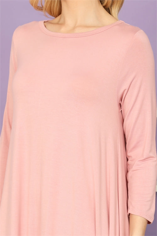 3/4 Sleeve Flowy Pink Dress