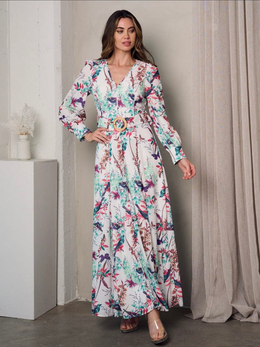 Multi Print Long Sleeve Maxi Dress