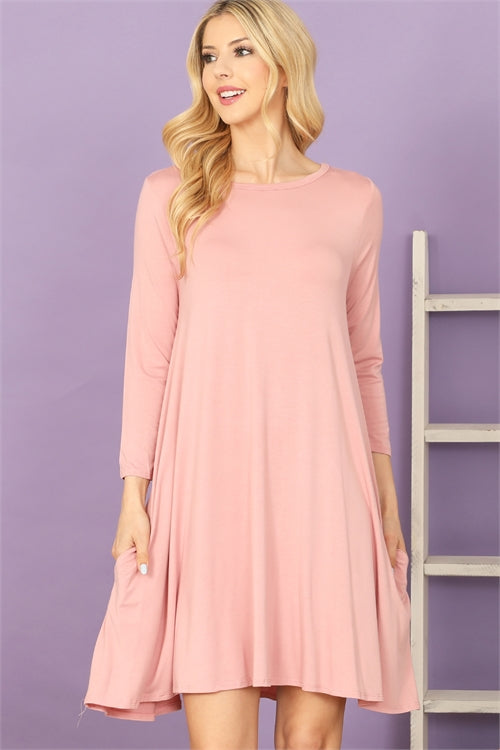 3/4 Sleeve Flowy Pink Dress