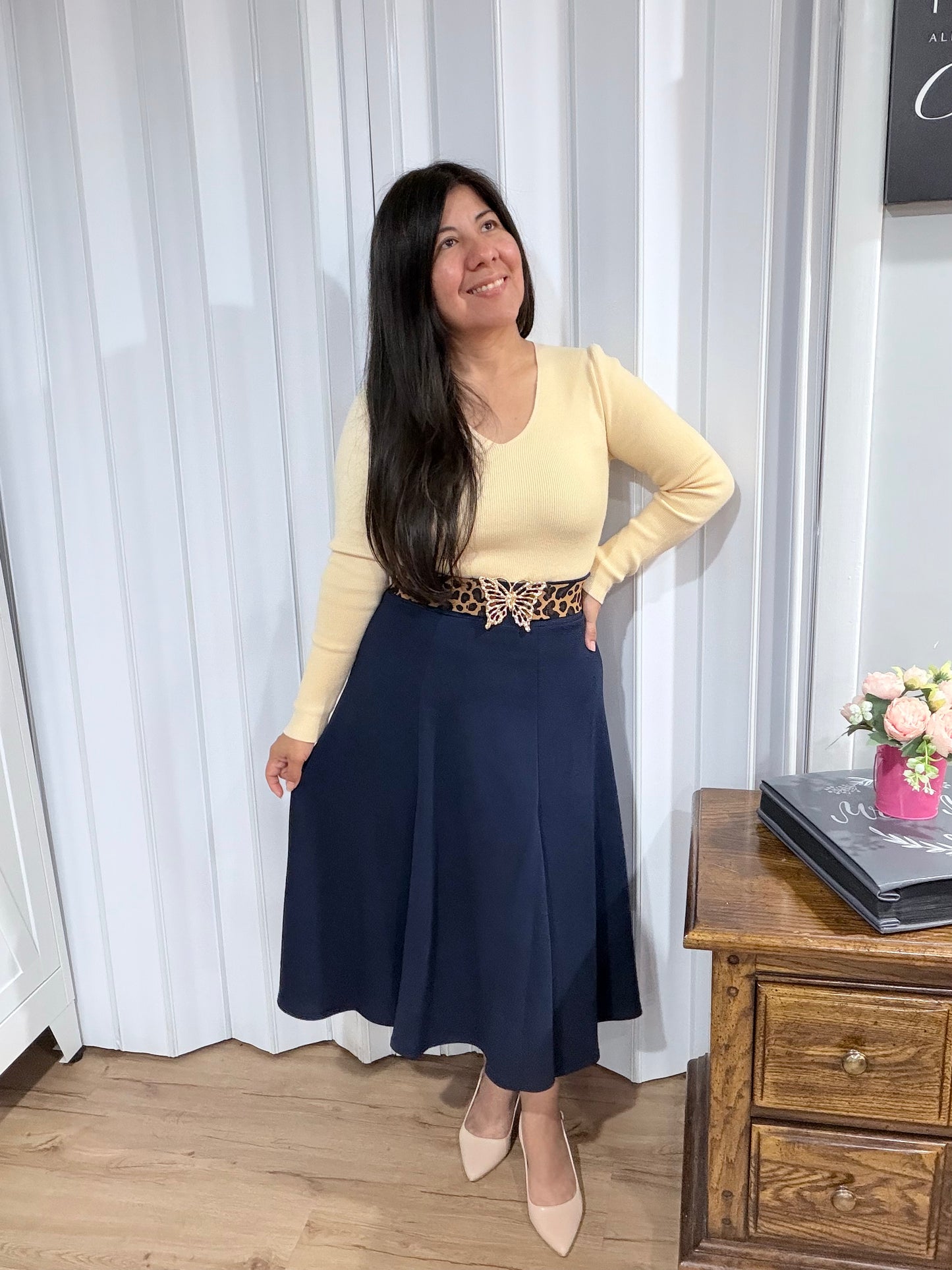Navy A-Line Midi Skirt