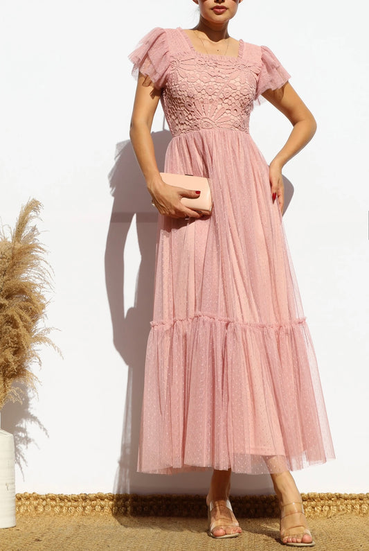 Pink Blush Lace Mesh Midi Dress