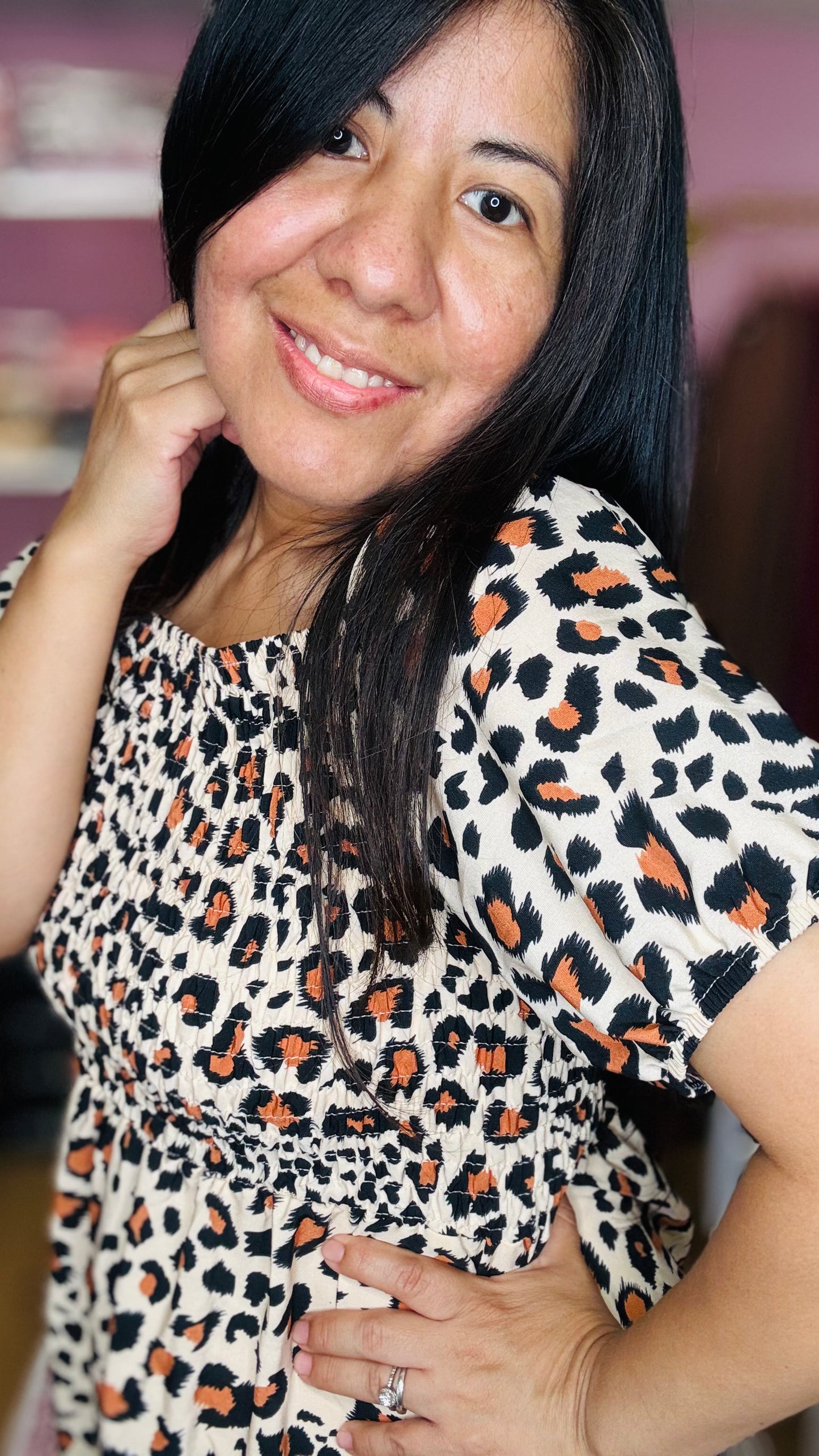Creme Leopard Print Smocked Dress