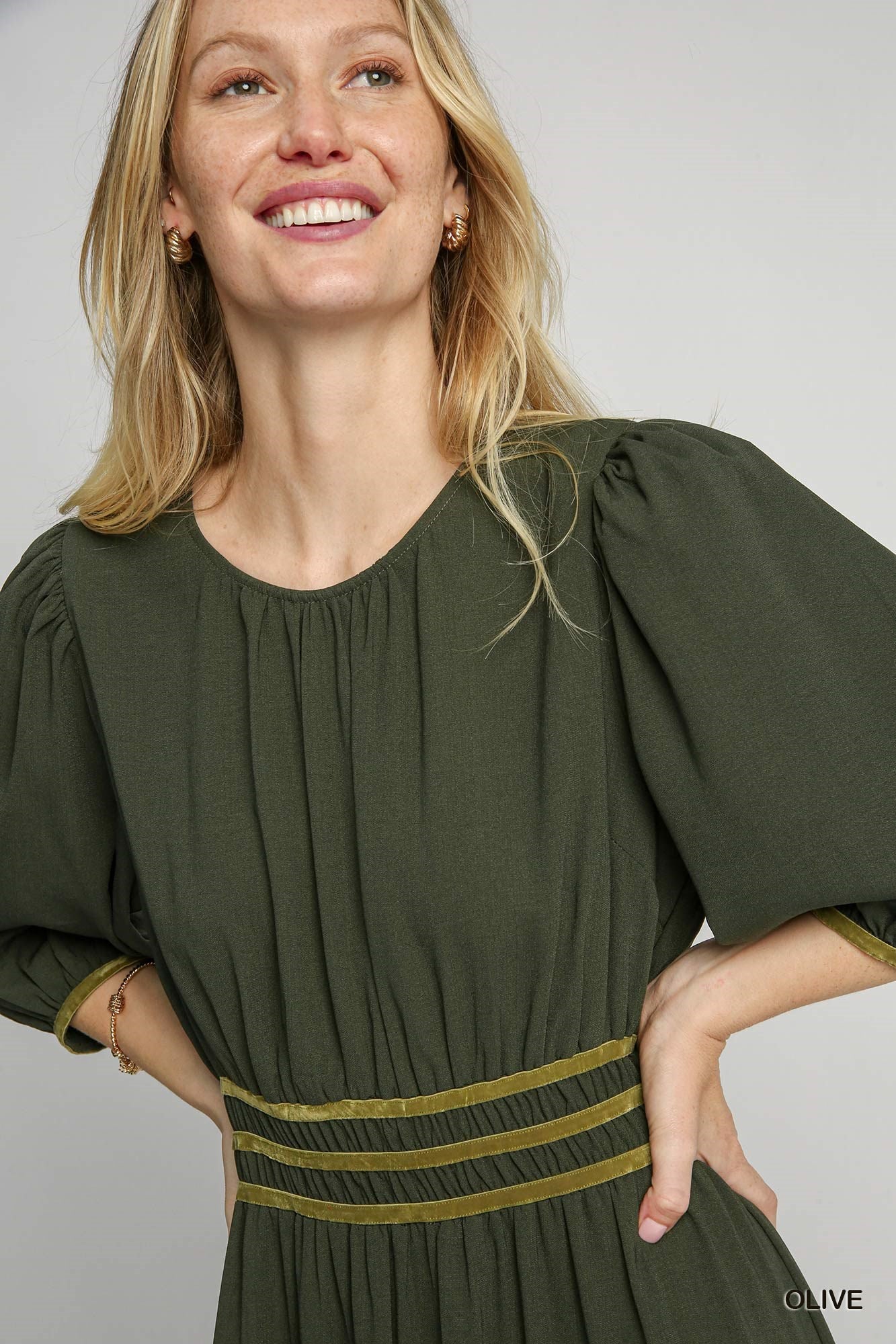 Umgee USA Smocked Waist 3/4 Sleeve Dress