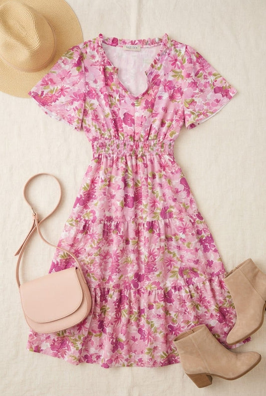 Pink Floral Midi Dress