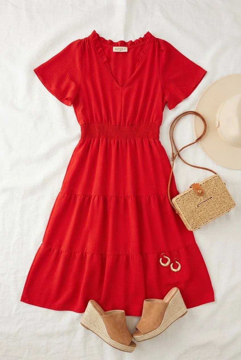 Red Tiered Midi Dress