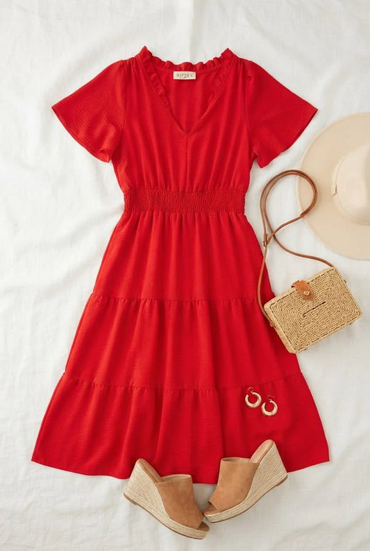 Red Tiered Midi Dress