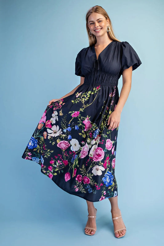 Floral Print Puff Sleeve Midi Dress