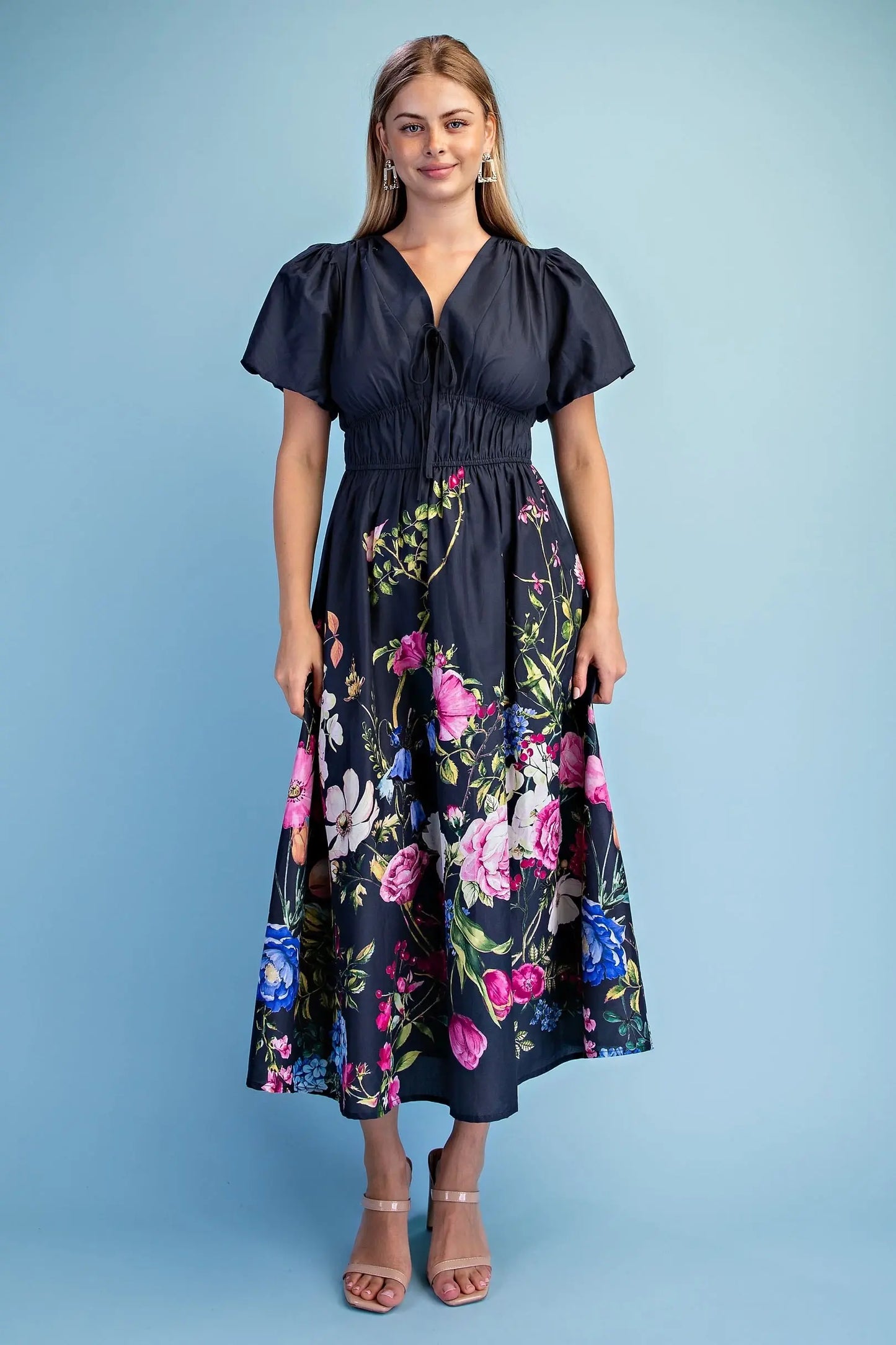 Floral Print Puff Sleeve Midi Dress