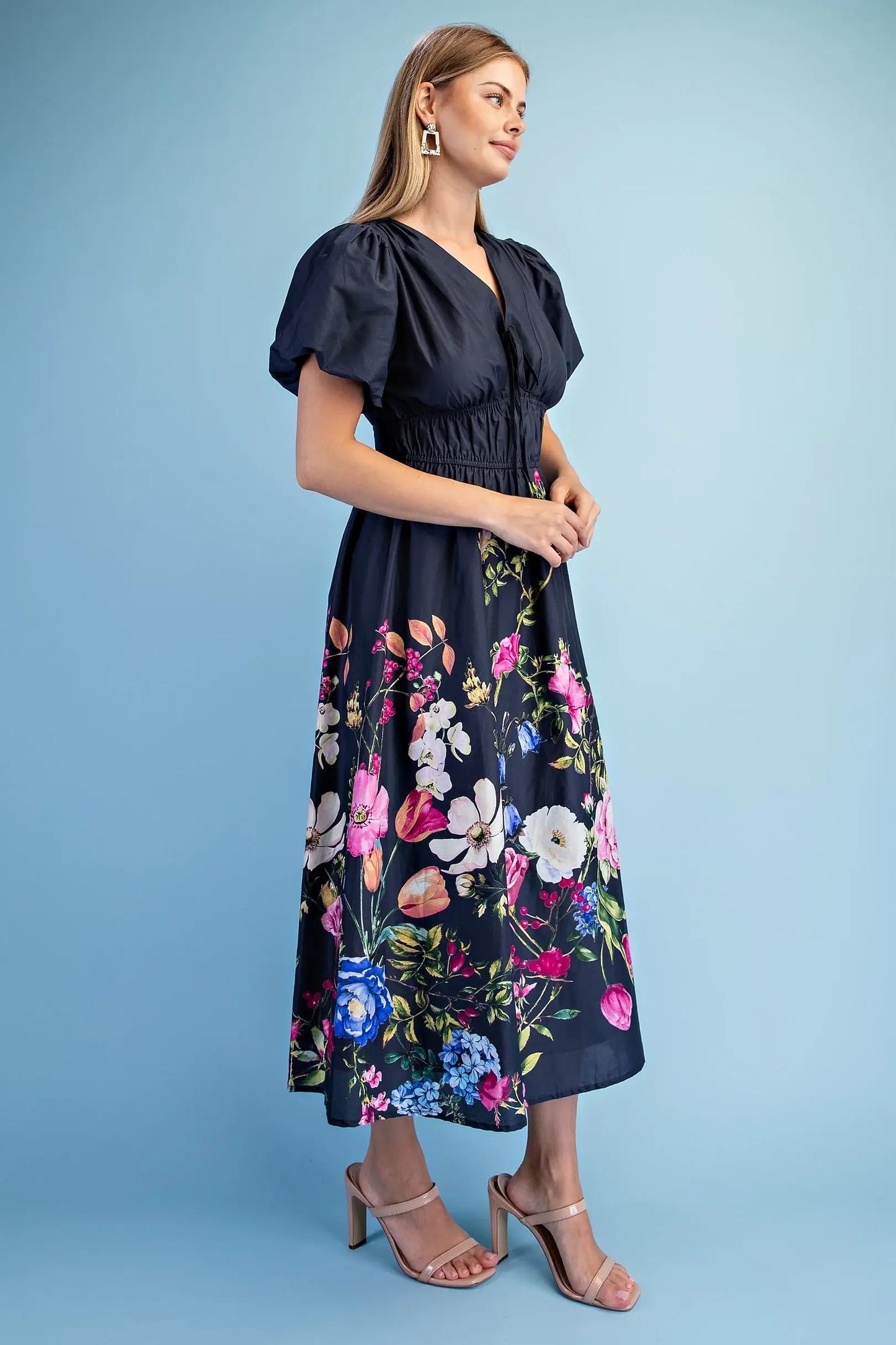 Floral Print Puff Sleeve Midi Dress