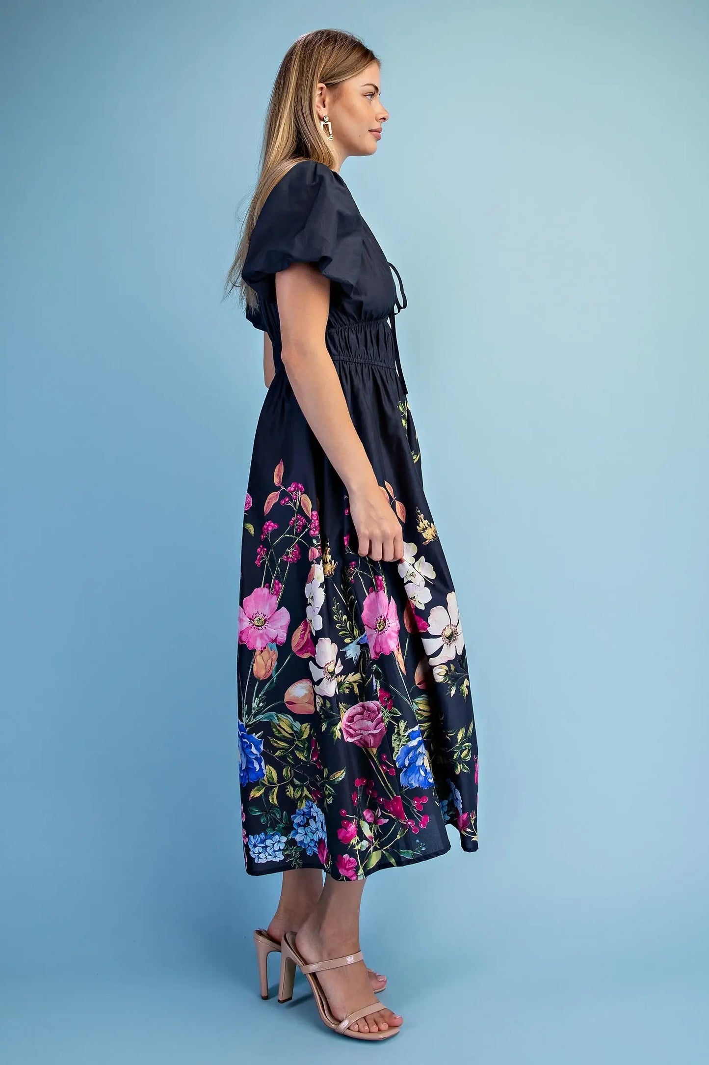 Floral Print Puff Sleeve Midi Dress